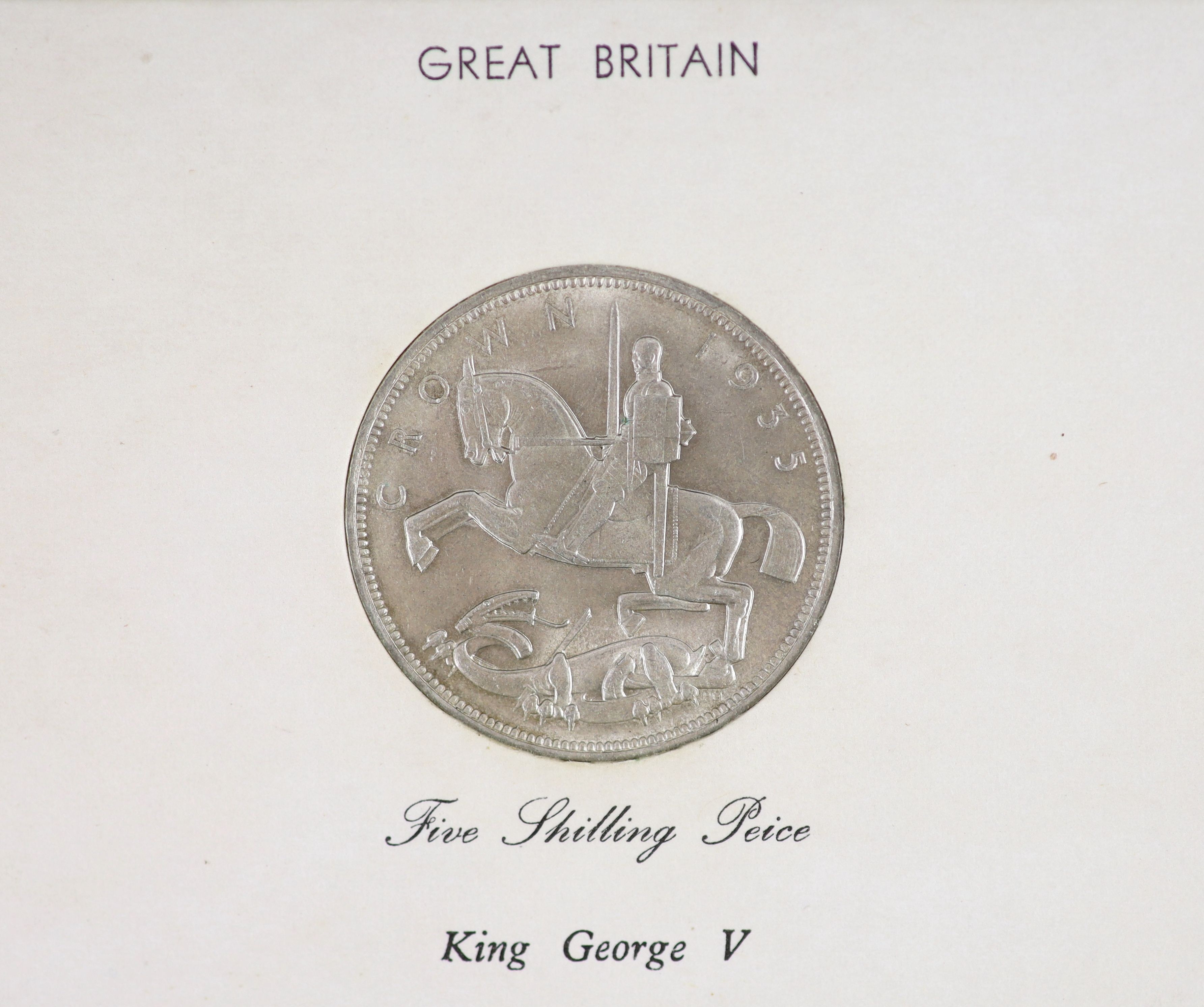 George V specimen set of nine coins, 1935, fourth coinage, comprising Crown (S4048), cleaned UNC, halfcrown and shilling, cleaned EF, florin, sixpence, cleaned UNC, the penny, halfpenny and farthing, toned UNC, halfpenny